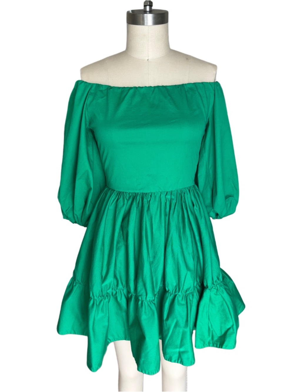 Imperial Off-Shoulder Emerald Green Tiered Mini Dress Made in Italy